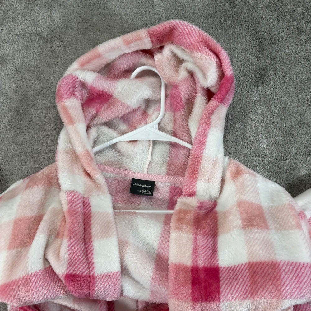 Eddie Bauer Bathrobe Kids L 14/16 Pink White Plaid Hooded Fleece - Picture 4 of 5